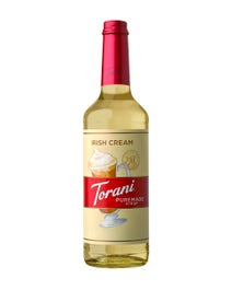 Torani Puremade Irish Cream Syrup in a glass bottle with a whipped cream-topped drink illustration
