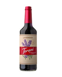 Torani Puremade Lavender Syrup in a glass bottle with purple lavender flower illustrations