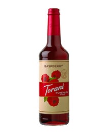 Torani Puremade Raspberry Syrup in a glass bottle with raspberry illustrations on the label