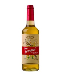Torani Puremade Signature Vanilla Syrup in a glass bottle with vanilla flowers and pods on the label