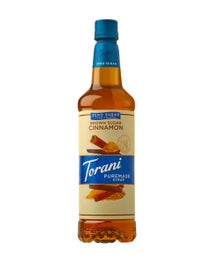 Torani Puremade Zero Sugar Brown Sugar Cinnamon Syrup in amber plastic bottle with blue label and cinnamon stick illustration