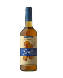 Torani Puremade Zero Sugar Caramel Syrup in a glass bottle with caramel cube illustrations and blue labeling