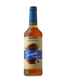 Torani Puremade Zero Sugar Chocolate Syrup in a glass bottle with chocolate shavings illustration and blue labeling