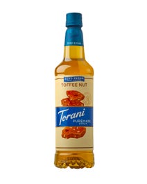 Torani Puremade Zero Sugar Toffee Nut Syrup in plastic bottle with blue label and toffee imagery