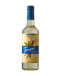 Torani Puremade Zero Sugar Vanilla Syrup in glass bottle with blue label and vanilla bean artwork