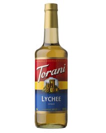 Torani Lychee Syrup in a glass bottle with a red, yellow, and blue castle-themed label