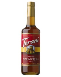 Torani Almond Roca Syrup bottle with dark red and gold label