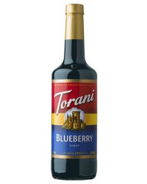 Torani Blueberry Syrup in a dark blue bottle with colorful classic label