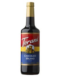 Torani Chocolate Milano Syrup in a dark glass bottle with red, yellow, and blue label