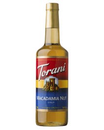 Torani Macadamia Nut Syrup in a glass bottle with golden syrup and colorful label