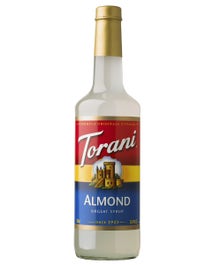 Torani Almond Orgeat Syrup in a frosted clear bottle with red, yellow, and blue label