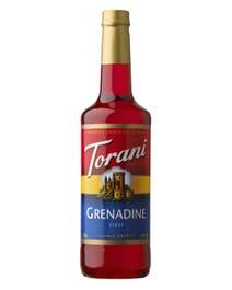Torani Grenadine Syrup in a glass bottle with vibrant red syrup and traditional label