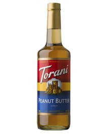 Torani Peanut Butter Syrup in a glass bottle with golden brown syrup and bold label