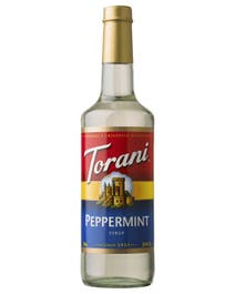 Torani Peppermint Syrup in a clear glass bottle with frosty white syrup and festive label