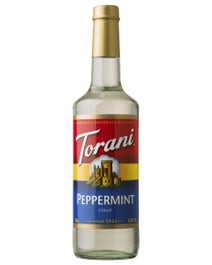 Torani Peppermint Syrup in a clear glass bottle with frosty white syrup and festive label