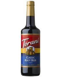 Torani Classic Root Beer Syrup in a dark bottle with retro red, yellow, and blue label
