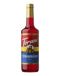 Torani Strawberry Syrup in 750ml bottle with rich red syrup and iconic label design
