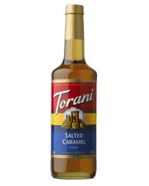 Torani Salted Caramel Syrup in 750ml bottle with golden brown syrup and red label