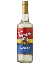 Torani Vanilla Syrup in 750ml glass bottle with red and yellow label and gold cap