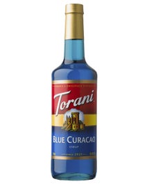 Torani Blue Curacao Syrup in a vibrant blue bottle with bold gold cap and red, yellow, blue label