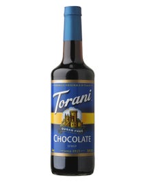 Torani Sugar Free Chocolate Syrup in a dark syrup bottle with bold blue and gold accented label