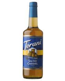 Torani Sugar Free Salted Caramel Syrup in a glass bottle with golden syrup and bold blue label