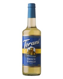 Torani Sugar Free French Vanilla Syrup in a golden glass bottle with blue label and vanilla flower design