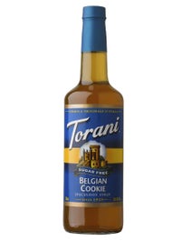 Torani Sugar Free Belgian Cookie Syrup in a glass bottle with caramel brown syrup and signature label