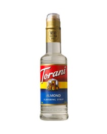 Torani Almond Flavoring Syrup in a 375ml bottle with easy pour spout