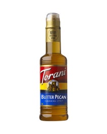 Torani Butter Pecan Syrup in a glass bottle with rich brown syrup and classic label design