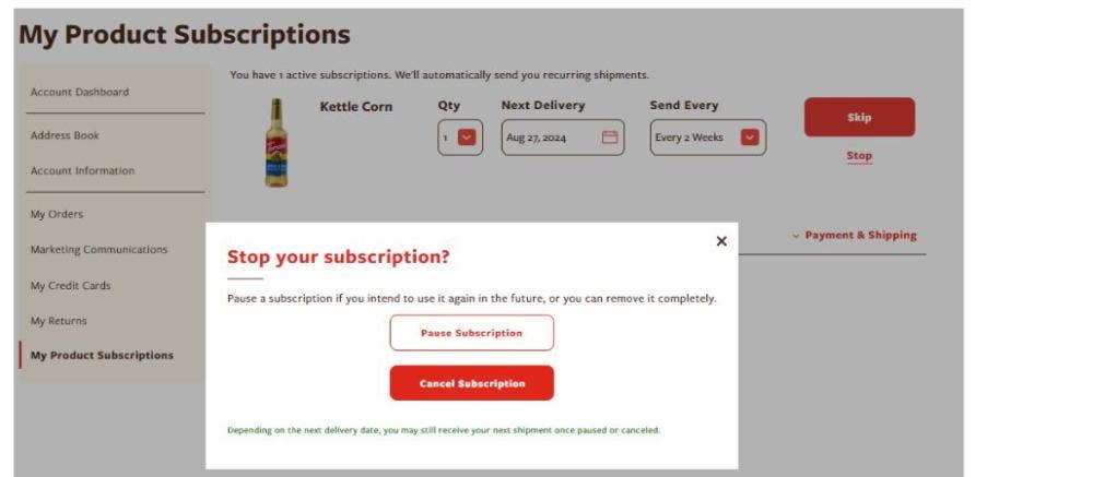 my product descriptions page with stop your subscription window showing