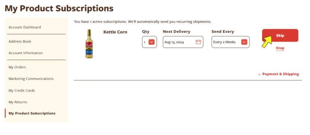 my product subscriptions page with arrow pointing to skip button