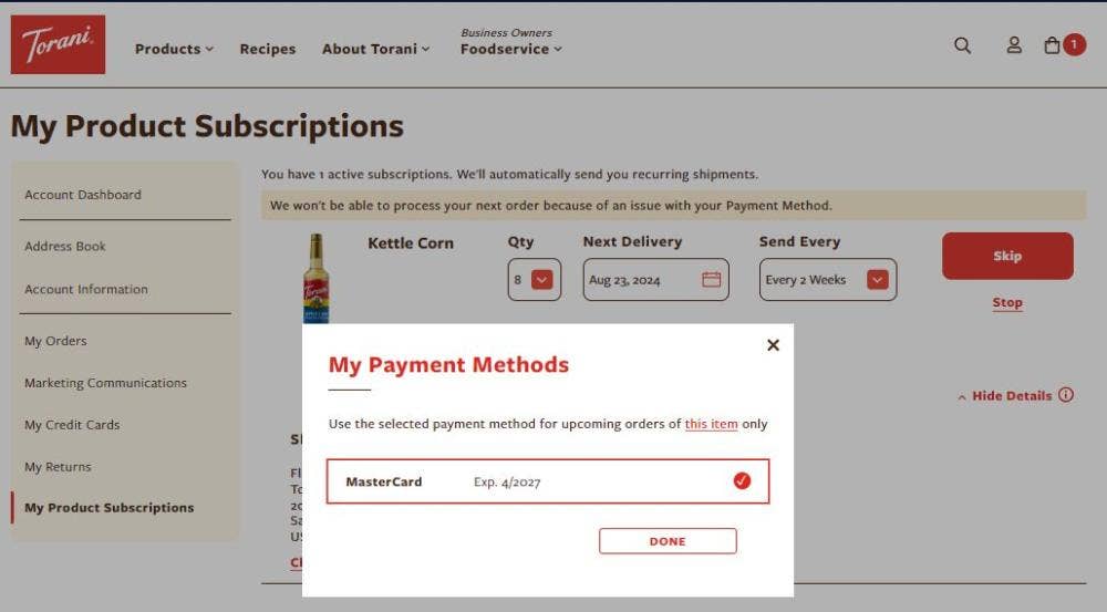 payment method now showing mastercard with expiration date of 4/2027 and with done underneath this text in red